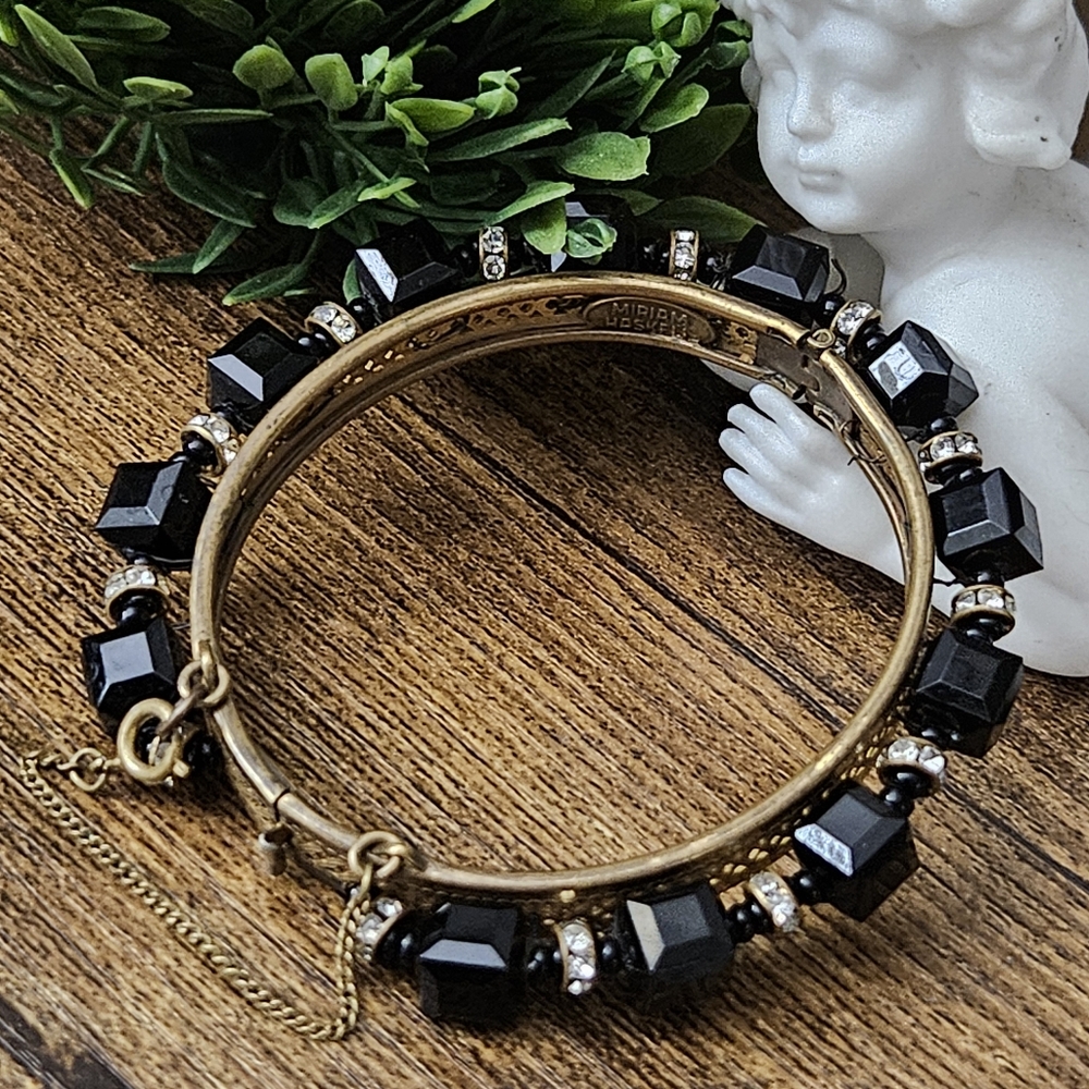 Miriam Haskell Black & Rhinestones Beaded Bangle … - image 1